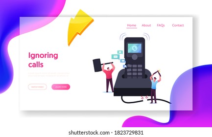 Tiny Male Characters Destroying Huge Calling Telephone Landing Page Template. Men Ignoring Incoming Calls Trying to Avoid Unpleasant Conversation with Scammer. Cartoon People Vector Illustration