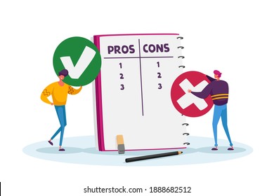 Tiny Male Characters with Huge Check Mark and Cross Icons Make Decision at Notebook with Pros or Cons List in Separated Column, Men Count Advantages, Disadvantages of Deal. Cartoon Vector Illustration