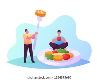 Pequeños personajes masculinos en inmensas verduras al vapor comidas con plancha. Nutrición saludable, estilo de vida vegetariano. Hombres comiendo brócoli, arrozal y vegetación cocinados al vapor. Ilustración de vectores de personas de caricatura