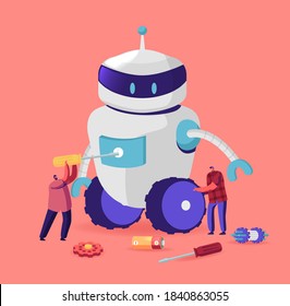 Tiny Male Characters Making Huge Robot at Home or Science Laboratory. Robotics Hobby, Hardware and Software Science Engineering Development Company, Construction. Cartoon People Vector Illustration