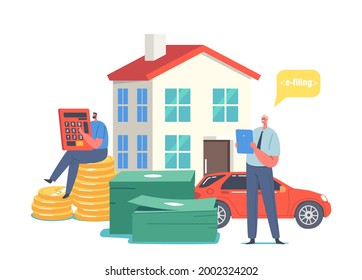 Tiny Male Characters Making Online Tax Payment, Man with Huge Calculator, Dollar Coins, Real Estate and Car Count Finance Budget. Audit, Savings Income Taxation E-Filling. Cartoon Vector Illustration