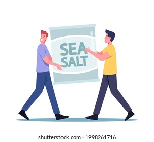 Tiny Male Characters in Pet Shop Holding Plastic Bag with Sea Salt Aquarium Water for Fish. Men in Zoo Market Purchasing Items for Care of Marine Pets, Aquaristics Hobby. Cartoon Vector Illustration