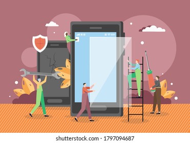 Tiny male characters technicians repairing smartphone screen, installing protective film, vector flat illustration. Mobile cell phone repair, maintenance service. Broken screen repair and replacement.