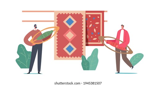 Kleine männliche Charaktere mit Weaving Shuttles in der Nähe von Teppichen mit traditionellem orientalischem Dekor. Vintage Kunsthandwerk, Rugs Produzieren von natürlichen Materialien auf Handwebstuhl. Vektorgrafik von Cartoon People