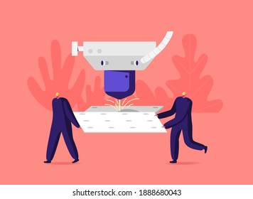 Tiny Male Characters in Worker Uniform and Hardhats Carry Huge Metal Detail Cutting with Laser Beam on Industrial Plant. Manufacture Processing, Details Production. Cartoon People Vector Illustration