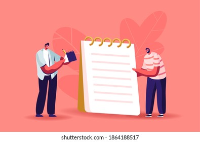 Tiny Male Characters Writing with Pen on Huge Notebook with Lined Pages and Spiral. Notes or Messages, Student Studying, Journalist and Author Occupation Concept. Cartoon People Vector Illustration