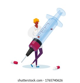 Tiny Male Doctor Character in Medical Robe Holding Huge Syringe with Medicine for Hepatitis Vaccination, Liver Treatment in Clinic or Hospital, Healthcare, Medicine Care. Cartoon Vector Illustration