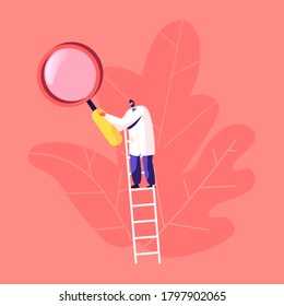 Tiny Male Doctor Character in White Medical Robe with Huge Magnifying Glass Stand on Ladder. Medic Working in Clinic, Medicine Profession Hospital Healthcare Staff at Work. Cartoon Vector Illustration