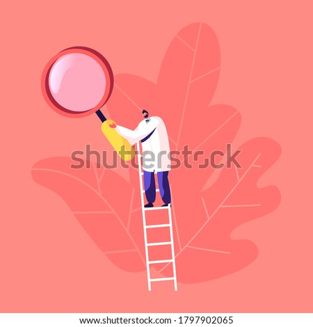 Tiny Male Doctor Character in White Medical Robe with Huge Magnifying Glass Stand on Ladder. Medic Working in Clinic, Medicine Profession Hospital Healthcare Staff at Work. Cartoon Vector Illustration