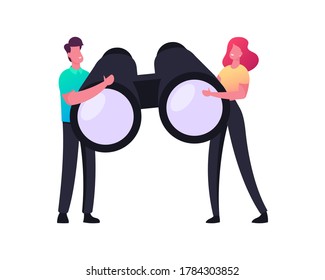 Tiny Male and Female Business Characters Holding Huge Binoculars, Business Vision, Recruitment, Visionary Forecast Prediction, Research Planning for Future Strategy. Cartoon People Vector Illustration