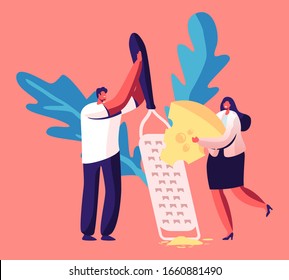 Tiny Male and Female Character Grate Piece of Fresh Cheese on Huge Grater Cooking Meal. Natural Farm Production, Culinary Ingredient, Origin Dairy Product Taste. Cartoon Flat Vector Illustration