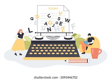 Tiny male and female character near typewriter with paper and story title. Authors typing chapter of novel or poetry book flat vector illustration. Literature, creative imagination, reading concept