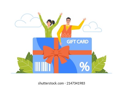 Tiny Male and Female Character Stand near Huge Gift Card Wrapped with Red Bow. Festive Sale and Shopping Promotion Offer, Happy People Using Coupon for Buying Goods. Cartoon Vector Illustration