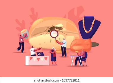 Tiny Male and Female Characters around of Huge Amber Fossil with Mosquito inside, Jeweler Making Jewelry of Beautiful Stone, People Buying and Selling Gemstones in Store. Cartoon Vector Illustration