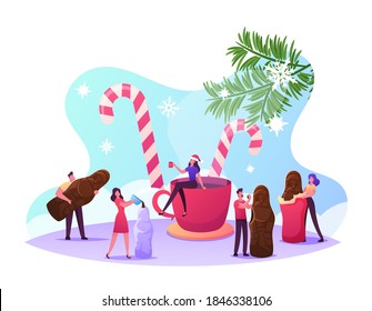 Pequeños personajes masculinos y femeninos alrededor de la gran copa y las cañas de caramelo crean y comen postre dulce de chocolate Santa Sweet. Trato de Navidad, feriado de invierno, celebración de Navidad. Ilustración de vectores de personas de caricatura