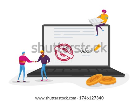 Tiny Male and Female Characters around of Huge Laptop with Document, Signature and Stamp on Screen. Businessmen Shaking Hands, Woman with Papers Sitting on Top. Cartoon People Vector Illustration