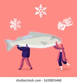 Tiny Male and Female Characters Carry Huge Frozen Fish with Snow Flakes and Ice Cubes around. Healthy Refrigerated Food Concept People Choose Production in Supermarket. Cartoon Vector Illustration