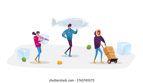 Tiny Male and Female Characters Carry Huge Frozen Fish and Box with Products with Ice Cubes around. Healthy Refrigerated Food. People Freezing Production for Long Storage. Cartoon Vector Illustration