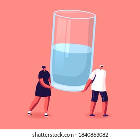Tiny Male and Female Characters Carry Huge Glass with Fresh Water. Healthy Lifestyle, Pure Aqua Refreshment, Wellbeing Concept. People Drinking Water for Weight Loss. Cartoon Vector Illustration