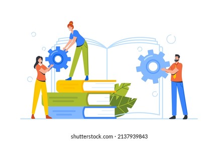 Tiny Male and Female Characters with Cogwheels at Huge Book Piles. Automation, Machine Training, Businesspeople Use Smart Technologies and Artificial Intelligence. Cartoon People Vector Illustration