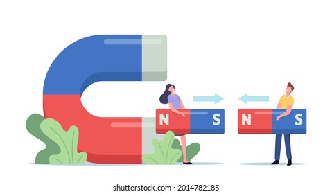 Pequeños personajes masculinos y femeninos que conectan enormes partes de la atracción de los lados imán, azul y rojo. Concepto Educativo Físico, Magnetismo, Atracción, Ciencia Divertida. Ilustración de vectores de personas de caricatura