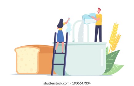 Tiny Male Female Characters Cook Homemade Bread Pouring Ingredients and Flour in Huge Mixer. People Cooking Fresh Bakery at Home. Culinary, Food Preparing Process Concept. Cartoon Vector Illustration
