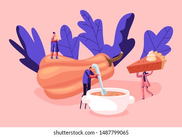 Tiny Male and Female Characters Cooking and Eating Traditional Thanksgiving Food. Sweet Pie and Soup made of Fresh Tasty Ripe Gourd. Festive Pumpkin Dishes Concept. Cartoon Flat Vector Illustration