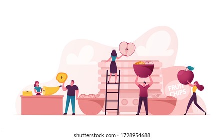 Tiny Male and Female Characters Cooking and Eating Homemade Dehydrated Fruit Chips Made of Banana, Apple, Orange and other. Healthy Vega and Vegetarian Nutrition. Cartoon Vector People Illustration