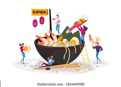 Tiny Male and Female Characters Cooking and Eating Ramen or Pasta, People Put Condiments in Huge Bowl with Noodles, Shrimps and Eggs, Pour Sauce. Asian Food, Chopsticks. Cartoon Vector Illustration