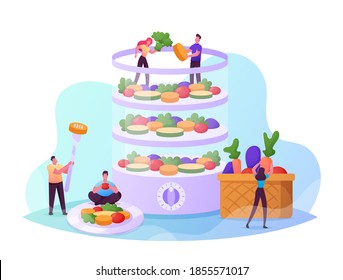 Tiny Male and Female Characters Cooking on Double Boiler Healthy Vitamin Food. People Prepare Vegetables on Steam. Diet, Kitchen Electric Appliance, Cooking Equipment. Cartoon Vector Illustration