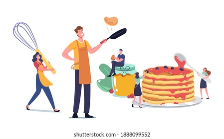 Tiny Male and Female Characters Cooking and Eating Homemade Pancakes. Man and Woman Wearing Aprons with Huge Kitchen Tools Frying Flapjacks for Family at Morning. Cartoon People Vector Illustration svg
