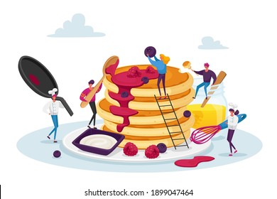 Tiny Male and Female Characters Cooking and Eating Homemade Pancakes. Man and Woman Wearing Toques with Huge Kitchen Tools Frying Flapjacks for Family at Morning. Cartoon People Vector Illustration