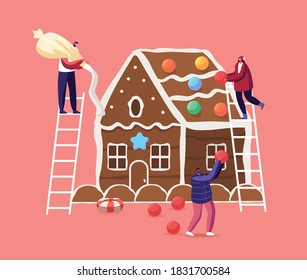 Tiny Male and Female Characters Decorate Huge Christmas Gingerbread House with Cookies, Cream and Sweets. Festive Activity Preparation for Xmas Holidays Celebration. Cartoon People Vector Illustration