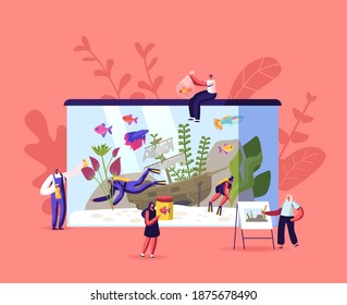 Tiny Male and Female Characters Decorate Huge Aquarium with Various Decor for Fish. People Put Seaweeds and Sink Ship Decoration on Bottom, Care of Pets, Aquaristics Hobby. Cartoon Vector Illustration