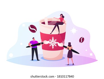 Tiny Male and Female Characters Decorating Huge Cup of Coffee with Snowflakes Ornament for Christmas Holiday. Woman Sit on Mug with Hot Drink. Xmas Beverage, Cocoa. Cartoon People Vector Illustration