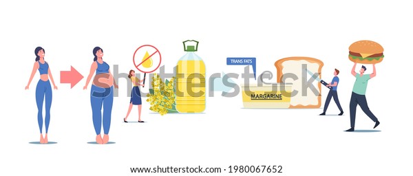 Tiny Male and Female Characters Eating Trans\
Fats and Margarine, People Eat Fastfood, Rapeseed Oil, Toast with\
Spread, Unhealthy Eating, Obesity and Cholesterol Products. Cartoon\
Vector Illustration