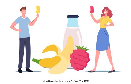 Tiny Male and Female Characters with Fruit Ice Cream Popsicle at Huge Yoghurt Bottle and Fruits. Homemade Icecream Summer Food, Delicious Sweet Dessert, Cold Treat. Cartoon People Vector Illustration