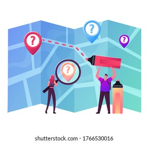 Tiny Male and Female Characters Get Directions on Huge Map Painting Dotted Line between Points of Destination. Orienteering, Cartography or Topography, Hiking Route. Cartoon People Vector Illustration