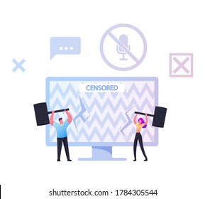 Tiny Male and Female Characters Hitting with Huge Hammers Tv or Computer Monitor with Censored Info on Screen. People Fighting for Global Speech and Information Freedom. Cartoon Vector Illustration