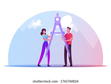 Tiny Male and Female Characters Holding Huge Compass or Divider for Measuring Distance on Map. Cartography, Navigation, Choose Correct Direction, Tourism or Hiking Concept. Cartoon Vector Illustration