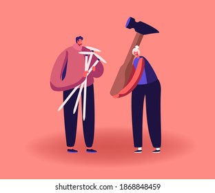 Tiny Male and Female Characters Holding Huge Nails and Hammer for Shoes Repair or Fixing Broken Things. Shoemakers or Handyman Service, People with Instruments or Tools. Cartoon Vector Illustration