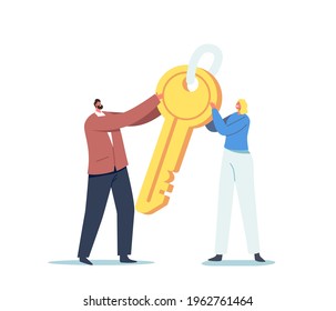 Tiny Male and Female Characters Holding Huge Golden Key. Business Motivation, Complicated Task Solution, Safety or Opportunity, Secret and Creativity Concept. Cartoon People Vector Illustration