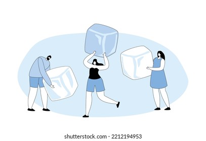 Tiny Male and Female Characters Holding Huge Ice Cubes in Hands Isolated on White Background, Concept of Frozen Food, Cold Summer Drink, Refreshment, Freezing. Cartoon Vector Illustration
