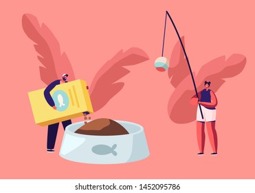 Tiny Male and Female Characters with Huge Accessories for Domestic Animal. Man Puts Cats Food into Plate to Feed Kitten, Woman Holds Toy. People Love and Care of Pets. Cartoon Flat Vector Illustration