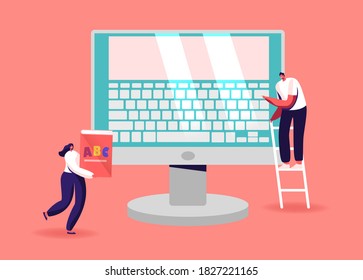 Tiny Male and Female Characters at Huge Computer Monitor with Keyboard on Screen. Man Stand on Ladder Typing, Woman with Abc Book. Office Work, Education Concept. Cartoon People Vector Illustration