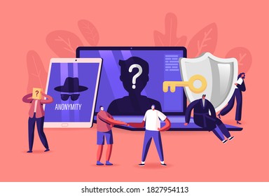 Tiny Male and Female Characters at Huge Laptop and Tablet Pc Digital Devices with Anonymous Unrecognizable Profile. Internet Privacy, Information Private Protection. Cartoon People Vector Illustration