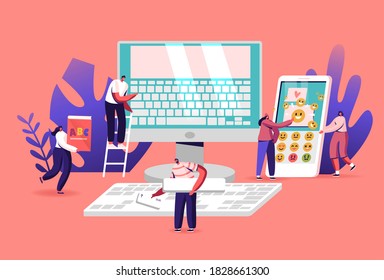 Tiny Male and Female Characters at Huge Computer Monitor with Keyboard on Screen, Abc Book and Smartphone. Typing, Office Work, Education and Technology Concept. Cartoon People Vector Illustration