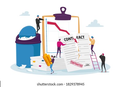 Tiny Male And Female Characters At Huge Document Tear Terminated Contract With Scattered Paper Sheets And Litter Bin. Woman With Stamp, Drop Arrow Graph, Crisis. Cartoon People Vector Illustration