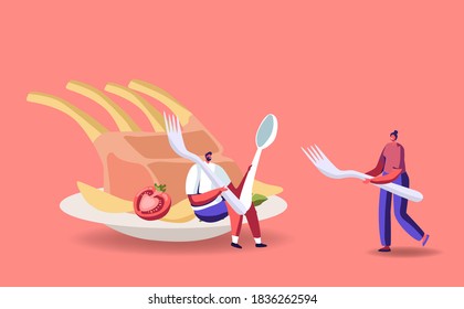 Tiny Male And Female Characters At Huge Plate With Ribs Meal. Man With Spoon And Fork Eating Barbecue Spareribs Dish In Grill Bar Or Steak House. People Eat Food Concept. Cartoon Vector Illustration