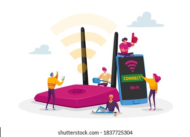 Tiny Male and Female Characters at Huge Router use Internet on Laptop and Smartphone via Wifi Wireless Connection. Modern Network Technology, Free Wi-fi Hotspot. Cartoon People Vector Illustration